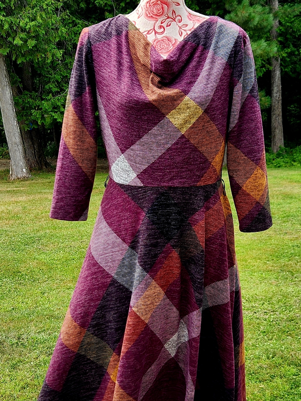 Danny & Nicole Plum and Mustard Plaid Cowl-Neck A-Line Dress